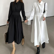2色 ワンピース 長袖 春 秋 きれいめ カジュアル ロング シャツワンピース ロング丈 襟付き ポロカラー 細身 スマート ウエストマーク ハイウエスト ホワイト ブラック S M L XL かわい