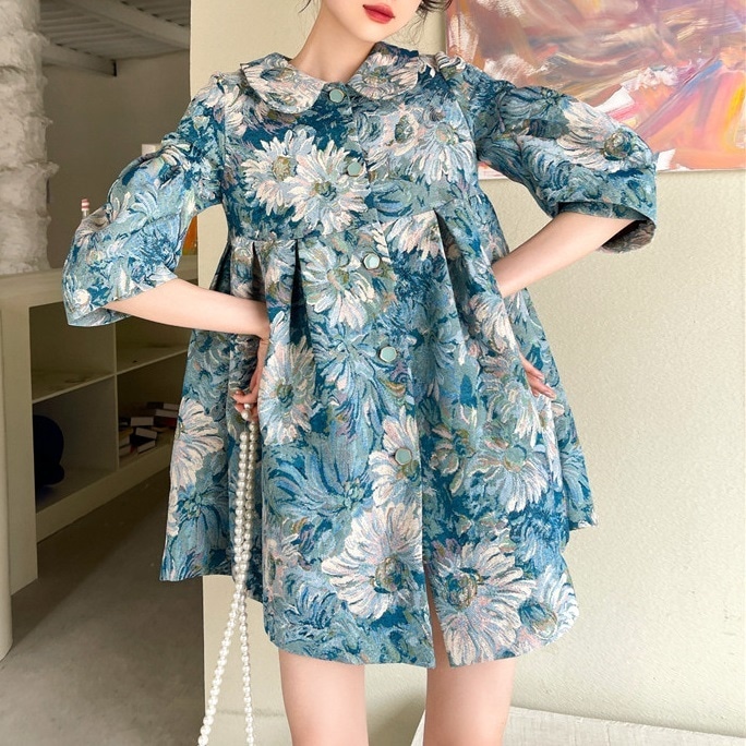 新作 夏 5分袖 パフスリーブ 青 絵画風 ジャケット S M ショート丈 ドールカラー タック 5,638円