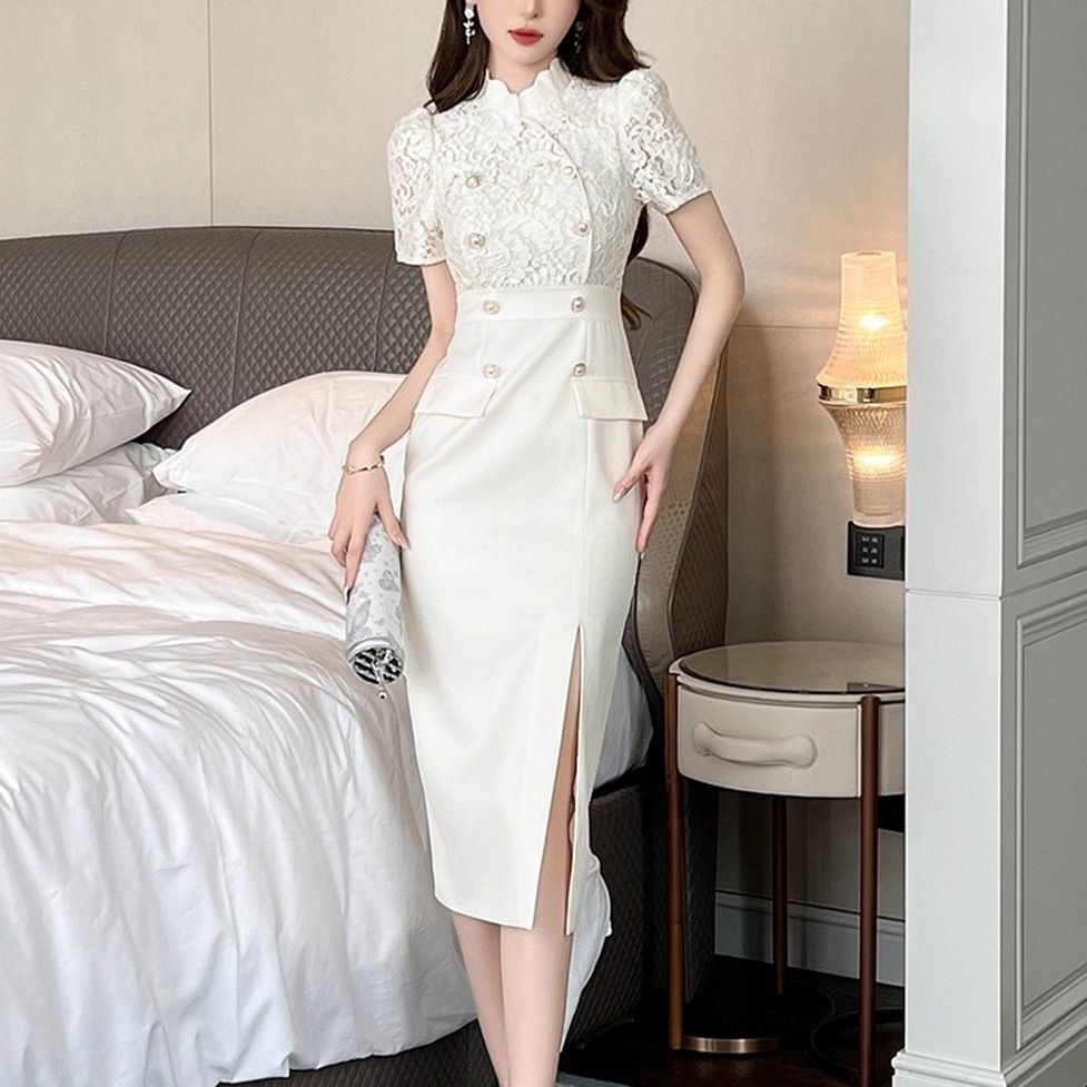 ワンピース ドレス タイトワンピース レース切り替えワンピース ロングワンピース レース切り替えパールボタンタイトワンピース ハイネック 半袖 ドッキングワンピース スリット ひざ下丈 レース 透け感