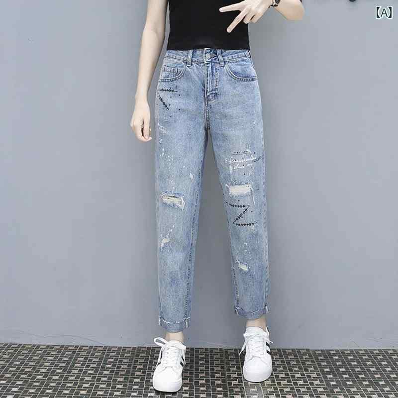 デニムパンツ レディース ジーンズ おしゃれ カジュアル 大きめサイズ 春秋 ロゴ 刺繍 ストレート ダメージ ブルー
