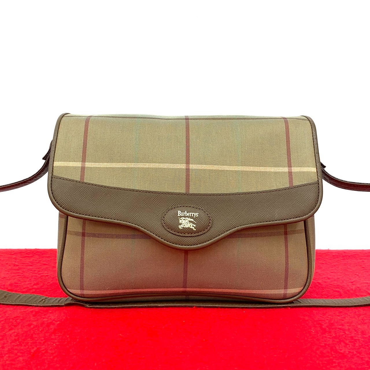 ヴィンテージ ノバチェック 柄 シャドーホース ロゴショルダーバッグ キャンバス レザー ブラウン 89627