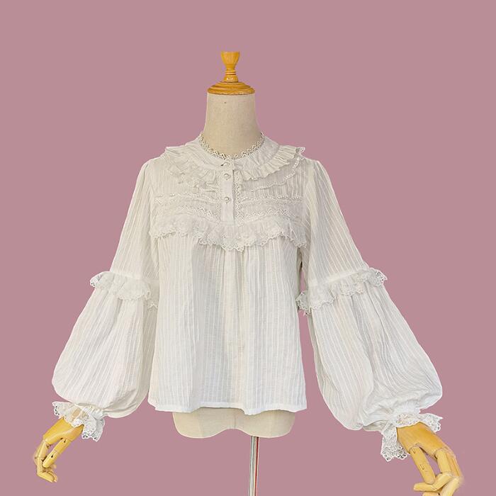 【急速出荷】ゴスロリ ブラウス ロリータ シャツ レース 長袖 レディース 立ち襟 ハイネック パフスリーブ 清楚 姫 ゆったり 春秋 体系カバー ロリィタ Lolita リボン フリル ロリータファ