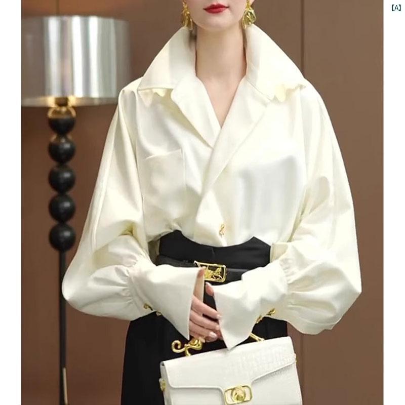 レディース ファッション　オシャレ　綺麗　大歳　上品 ハイエンド ホワイト シャツ 初秋 ライト 高級 アセテート サテンシャツ フランス トップ