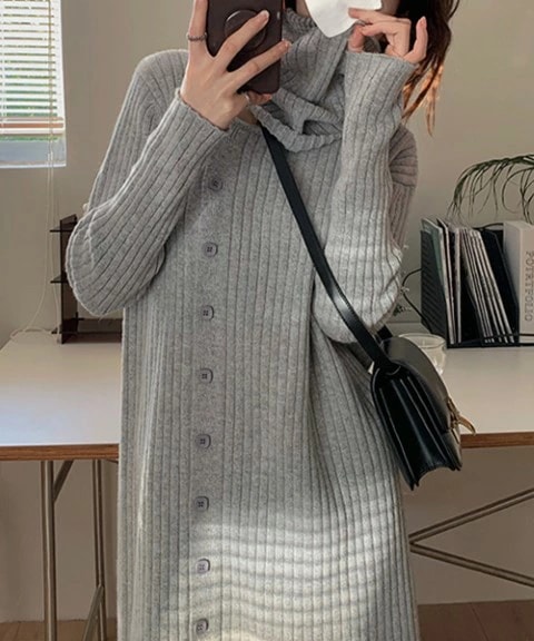 タートルネック ニットワンピ オフタートルニット スヌード付き リブニットワンピ ワンピース ロング 大きいサイズ レディース 秋冬 結婚式 きれいめ タイト フォーマル 大人 上品 チュニック on