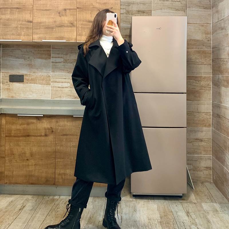 トレンチコート アウター レディース ロング ルーズ 黒 ベルト ガウン 長袖 Vネック 襟付き ウエストマーク 前開き きれいめ シンプル カジュアル こなれ感 抜け感 大人女子 とろみ感 大人可愛