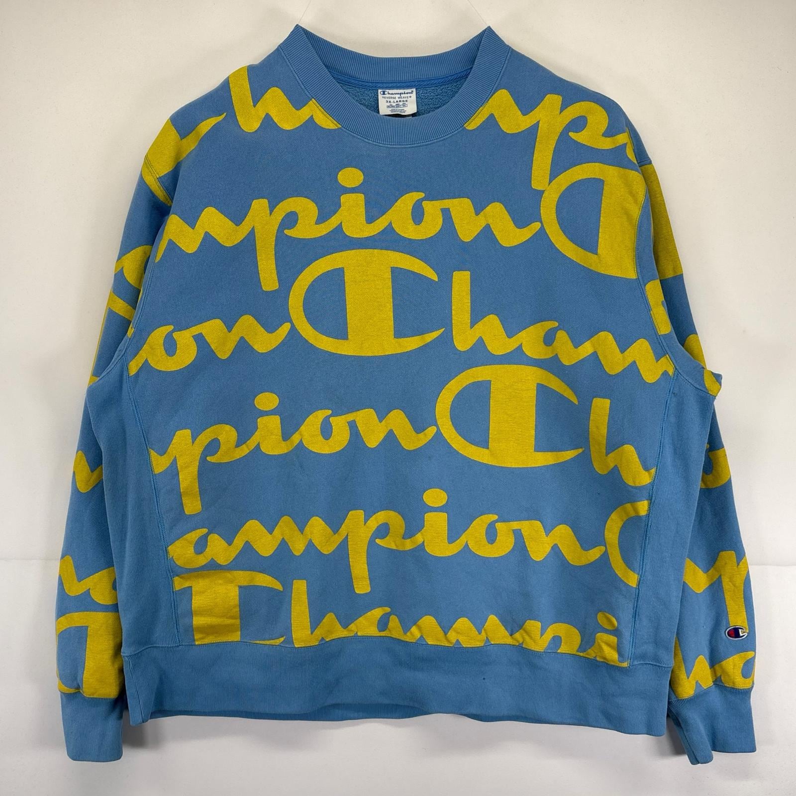 古着 スウェット 大きいサイズ トレーナー クルーネック リバースウィーブ 総柄プリント ロゴプリント 3XL 水色 メンズ