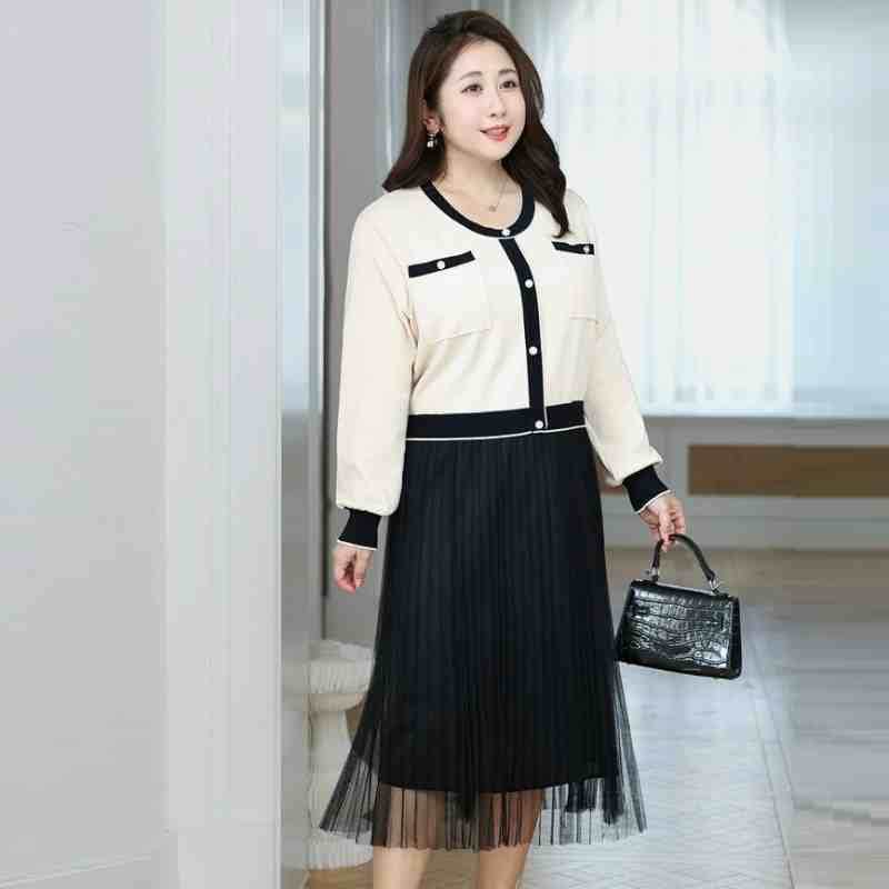 6L8L 大きいサイズ ぽっちゃりさん ニット プリーツスカート切替 ワンピース大きいサイズ レディース 秋冬 結婚式 きれいめ タイト フォーマル 大人 上品 チュニック one-piece