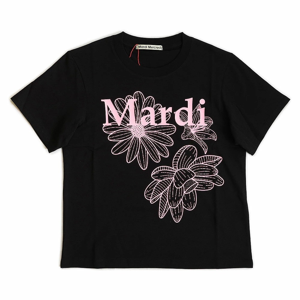 Tシャツ レディース 半袖 スリム ショート丈 トリプルフラワー ロゴ コットン ブラック ピンク MFK52JSS023BKPK00 韓国ブランド