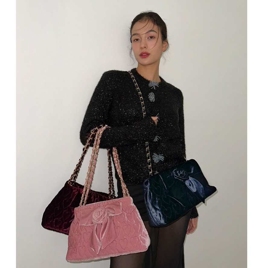 「韓国人気」ローズリボンベルベットチェーンバッグ Rose Ribbon Jennie Velvet Chain Bag [3色展開]