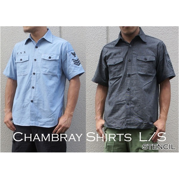 USタイプNAVYシャブレーシャツ ステンシル半袖 J S069YN ブルー 36（ S） レプリカ