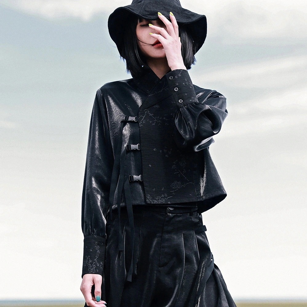 チャイナ風トップス レディース シャツ 黒 切り替え 独特なデザイン かっこいい つなぎ合わせ