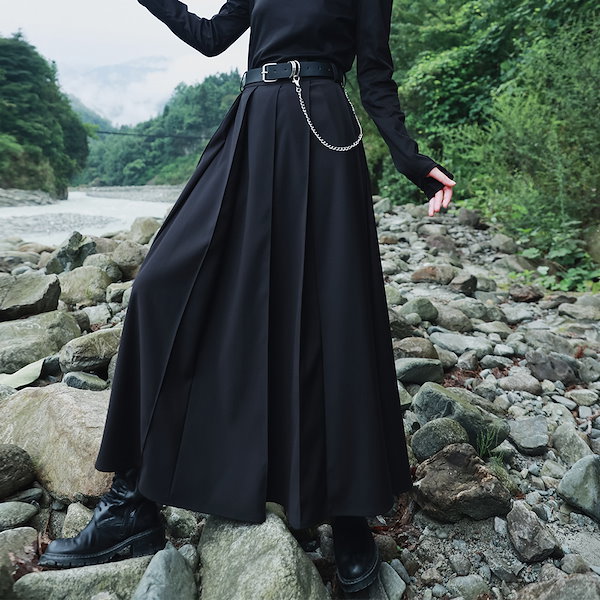 Qoo10] ロングスカート 黒 ベルト付きスカート