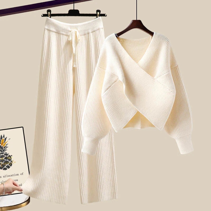 ハイエンドのカスタマイズ-春の優しいスタイルのニット冬スーツ新年の新作レディースセーターワイドレッグパンツ2点セット