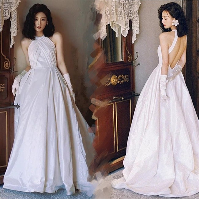 ブラック/ホワイト　ウェディングドレス　首掛け　Aライン　 ロングドレス ウェディングドレス パーティードレス　二次会ドレス　ブライダル　撮影　S/M/L/XL/2XL　レディース　ドレス 　トレ