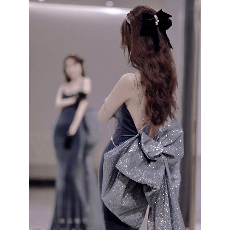 フィッシュテールイブニングドレス女性 2024 ベルベットストラップ婚約ドレスホストパーティーブライダルトーストウェア