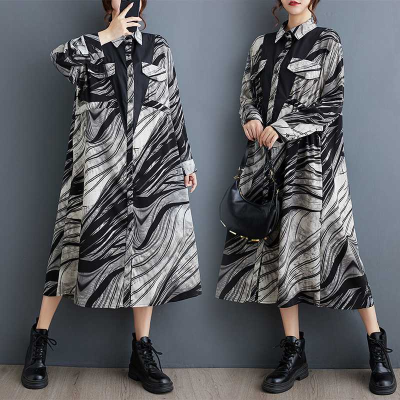 大きいサイズ シフォン 巾着 ロングワンピース メガ割 柄ワンピース 2025秋新品 体型カバー レディース 「ファットガール」
