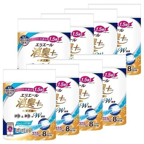 エリエール トイレットペーパー 消臭プラス( ) 1.5倍巻き 37.5m64ロール(8ロール8パック) ダブル パルプ100% フレッシュクリアの香り 【ケース販売】