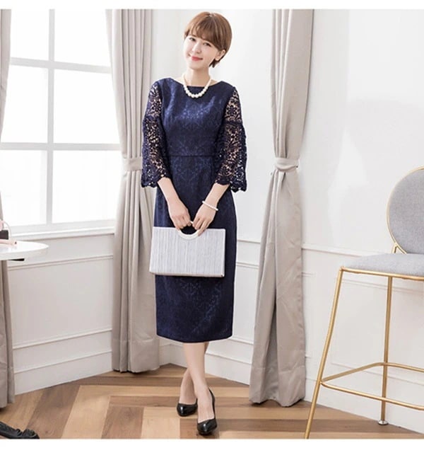 パーティードレス 結婚式 ワンピース ミモレ丈 膝下ワンピース スカラップ 袖 レース ダマスク 柄 ドッキング 大きいサイズ 入園式 二次会 謝恩会 同窓会 服装 発表会 大人 フォーマル 20