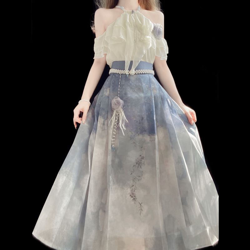 正規品紫藤寄雲川新韓国cosエレメント露肩上着スカートセット