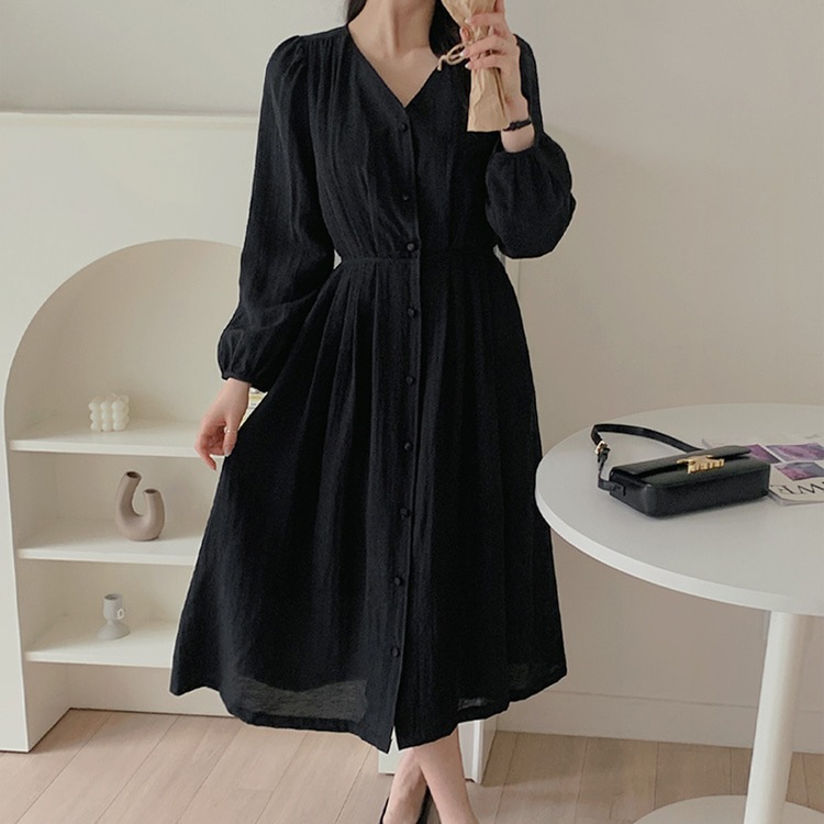 [top0455] 韓国ファッションピンタックVネックワンピース