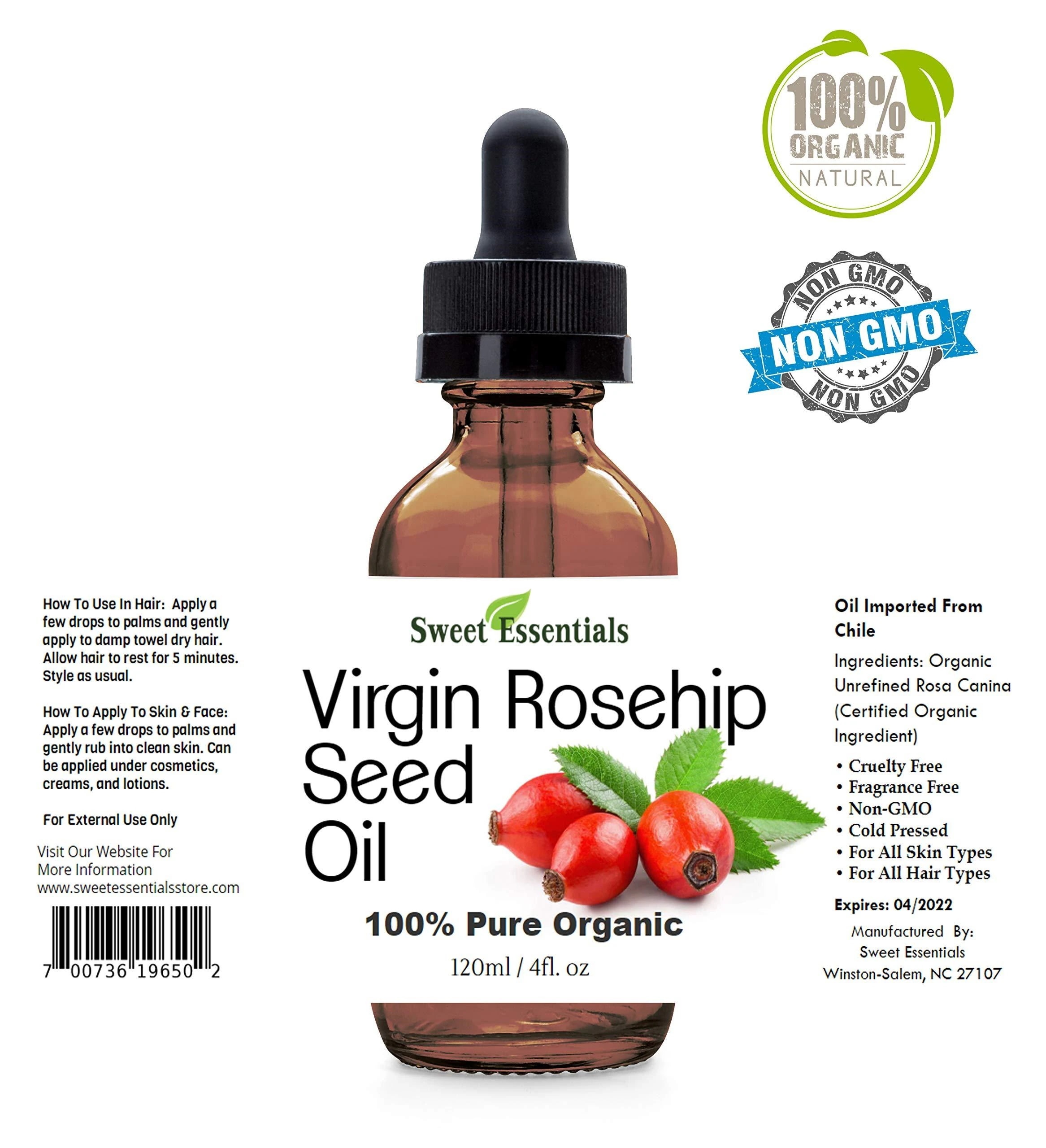Organic Unrefined Virgin Rosehip Oil 4oz Glass Bot