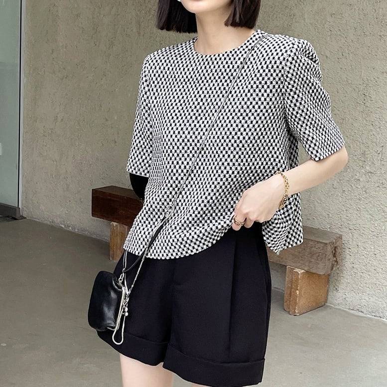 レディース カットソー トップス シャツ ツイード風 半袖 クルーネック セミワイド チェック 黒 白 ブラック ホワイト ジャガードニットソー 大人可愛い きれいめ 上品 レトロ マニッシュ キュー