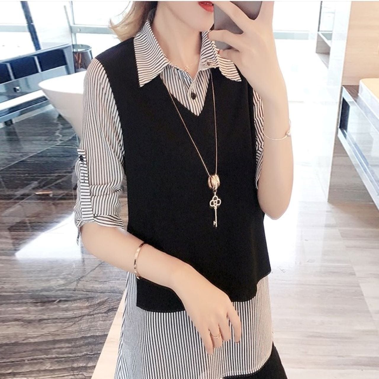 5色 ロング シャツ ブラウス l 無地 重ね着風 シンプル ラフ ゆったり 袖あり 個性的 春 夏 トップス カッコイイ モテコーデ 大人可愛い きれいめ 上品 五分袖 通勤 レディース 大