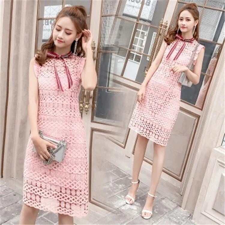 韓国ファッション レースワンピース ドレス ブラック ピンク 結婚式