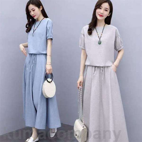 上下セット 上下 セット セットアップ 2点セット Tシャツ レディース 夏 夏服 リネン 綿麻 女性 ロングスカート スカート 半袖 丸首 ウエストゴム ミモレ丈 フォーマル カジュアル