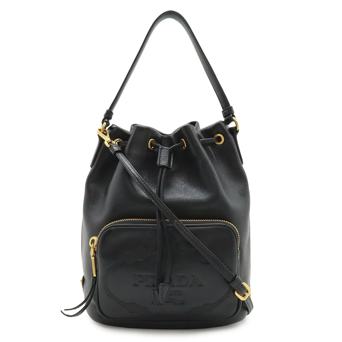 ハンドバッグ バケットバッグ 巾着 2WAY ショルダーバッグ レザー NERO 黒 ブラック ゴールド金具 1BH03