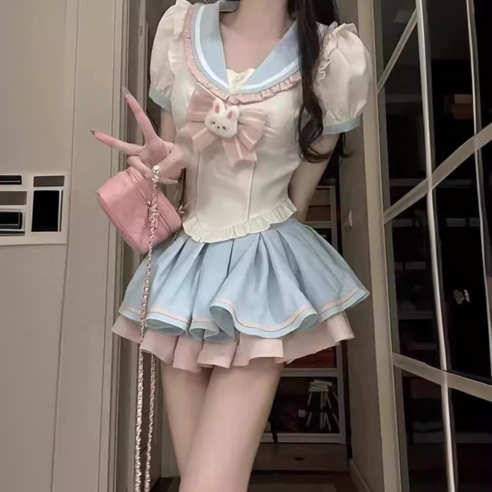 甘くてプレッピーなスタイルガーリーな蝶ネクタイのJK制服スリムフィット万能シャツカラーブロックのハイウエストチュールスカートのツーピースセット