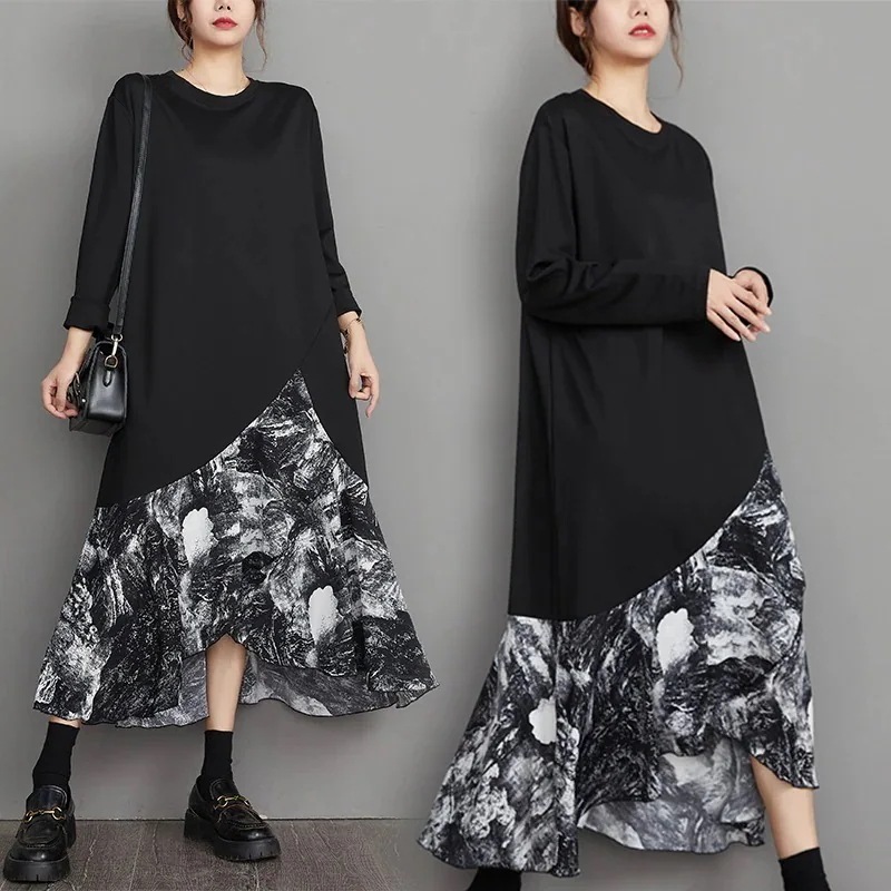 「ファットガール」 秋 新作 レトロ ロング フレンチ ワンピース ステッチ ラウンドネック ゆったり 薄手 アシンメトリー 蓮の葉 スカート 体型カバー 日焼け止め メガ割30%までに制限