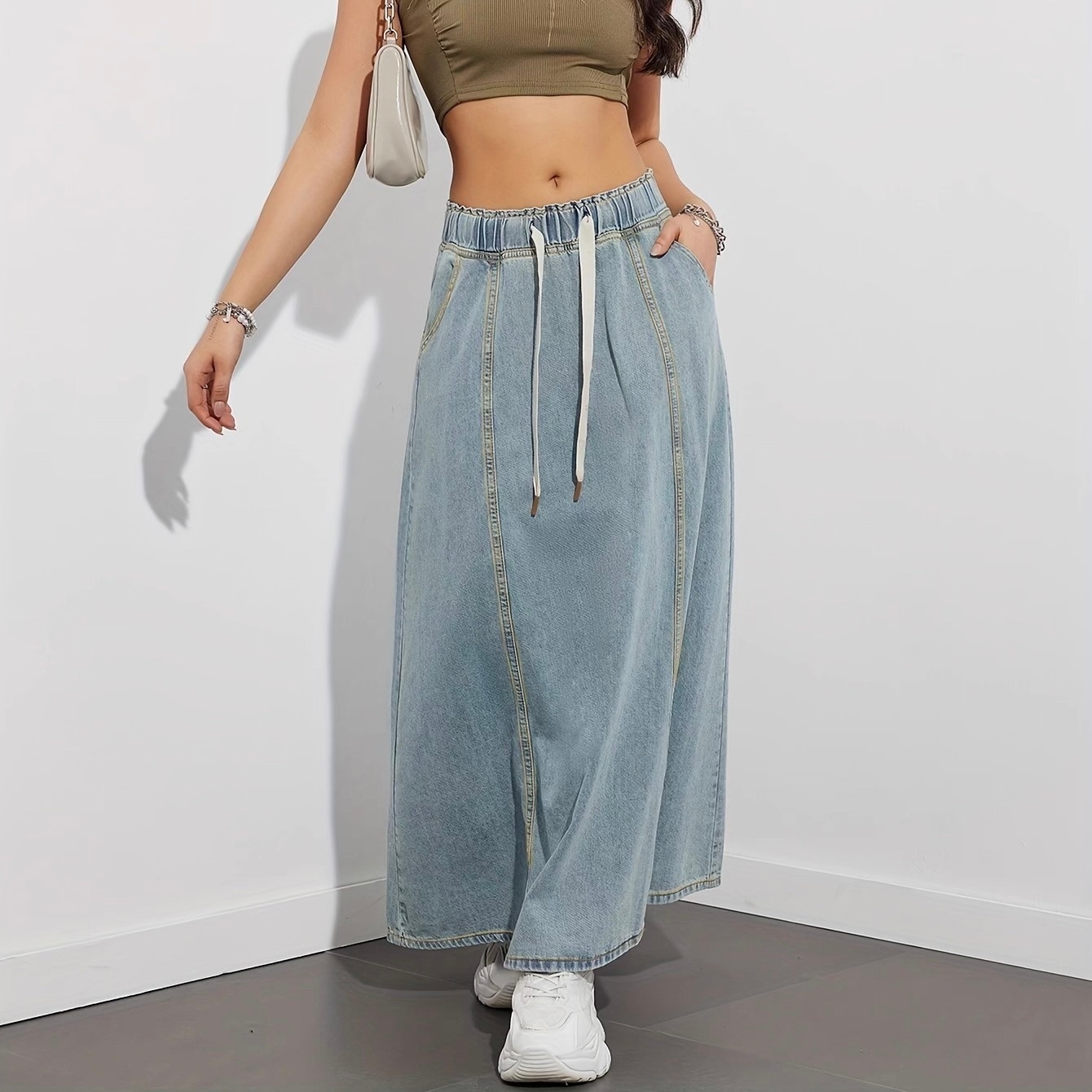 レディース スカート ボトムス フレア デニム ロング マキシ Aライン フェミニン ストリート ハイウエスト ドロスト ヴィンテージ アメカジ カジュアル かっこいい レトロ こなれ感 クール