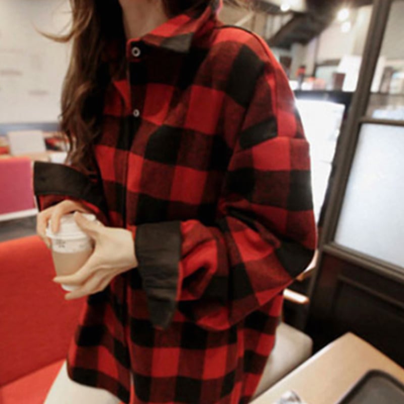 3color レディース トップス シャツ ブラウス チェック柄 体型カバー 秋 冬 レッド