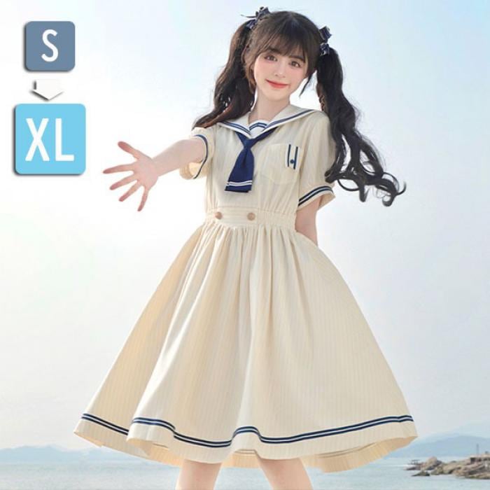 品質保証ワンピース ビッグカラー セーラー風 胸元リボン 半袖 夏用 夏服 かわいい レディース 中学生 ゆったり フリル裾 デコ襟 大きいサイズ Tシャツワンピース ロリータ ミモレ丈 カットソー