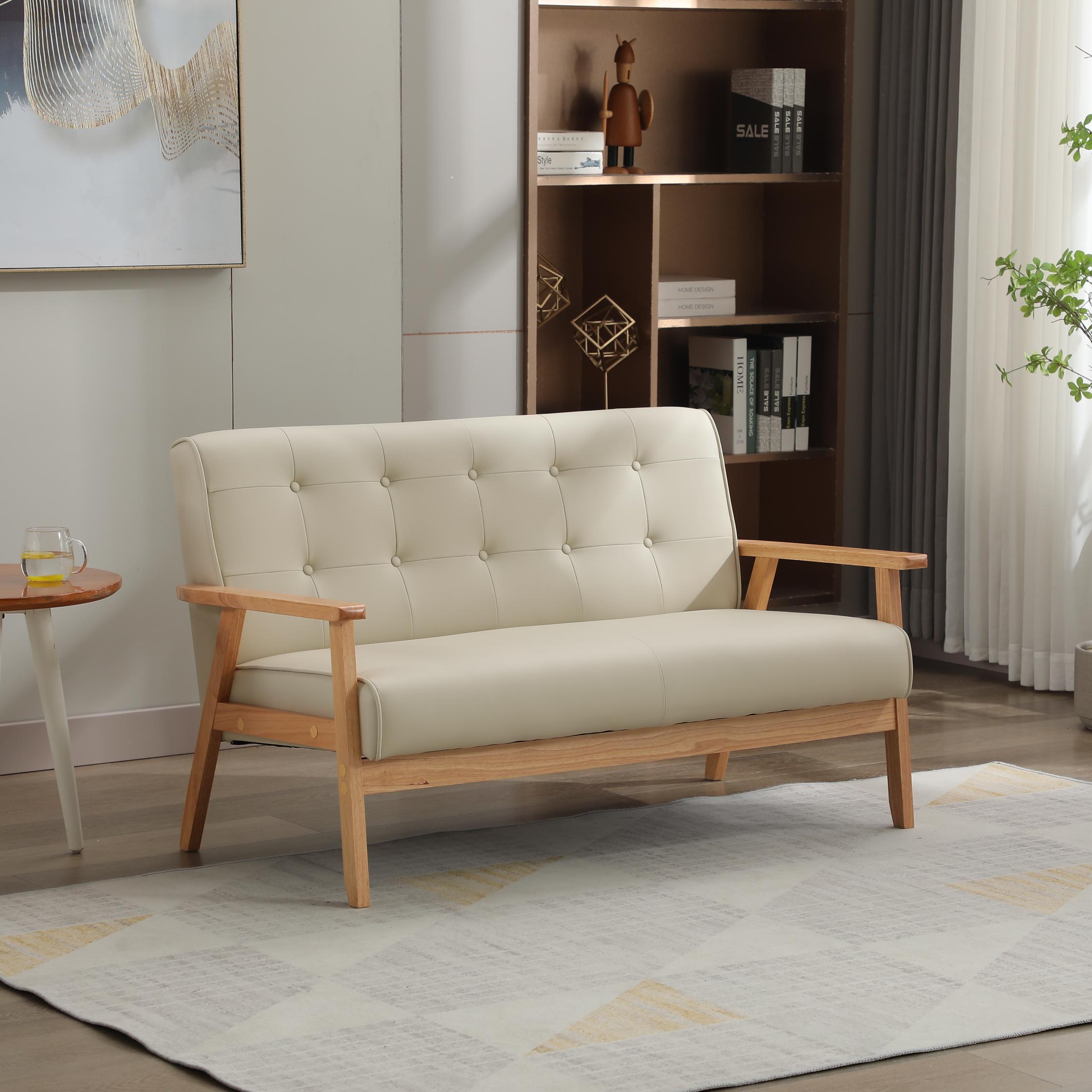 【 エクルベージュ PVC】 ソファ ソファー 2人掛け　2Pソファ　レザー　レトロ モダン 天然木　北欧