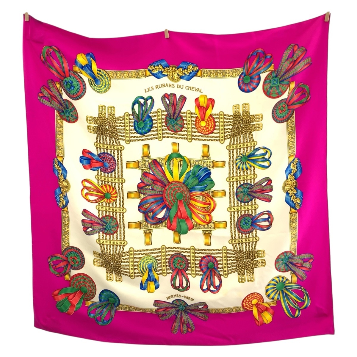 美品 LES RUBANS DU CHEVAL カレ90 ピンク マルチカラー シルク スカーフ 大判スカーフ レディース 503934
