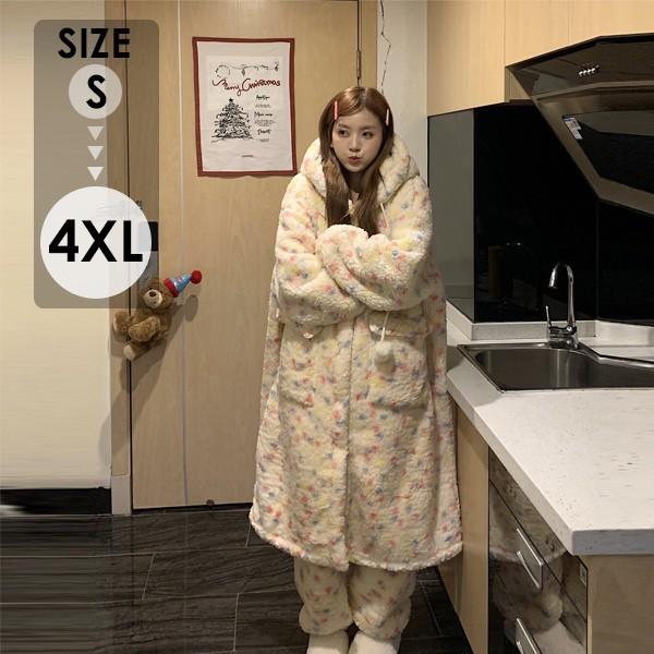 もこもこパジャマ ナイトガウン レディース 冬 かわいい 上下ゼット 長袖 ルームウェア フード付き 着る毛布 もこもこ パジャマ 部屋着 寝間着 おうち時間