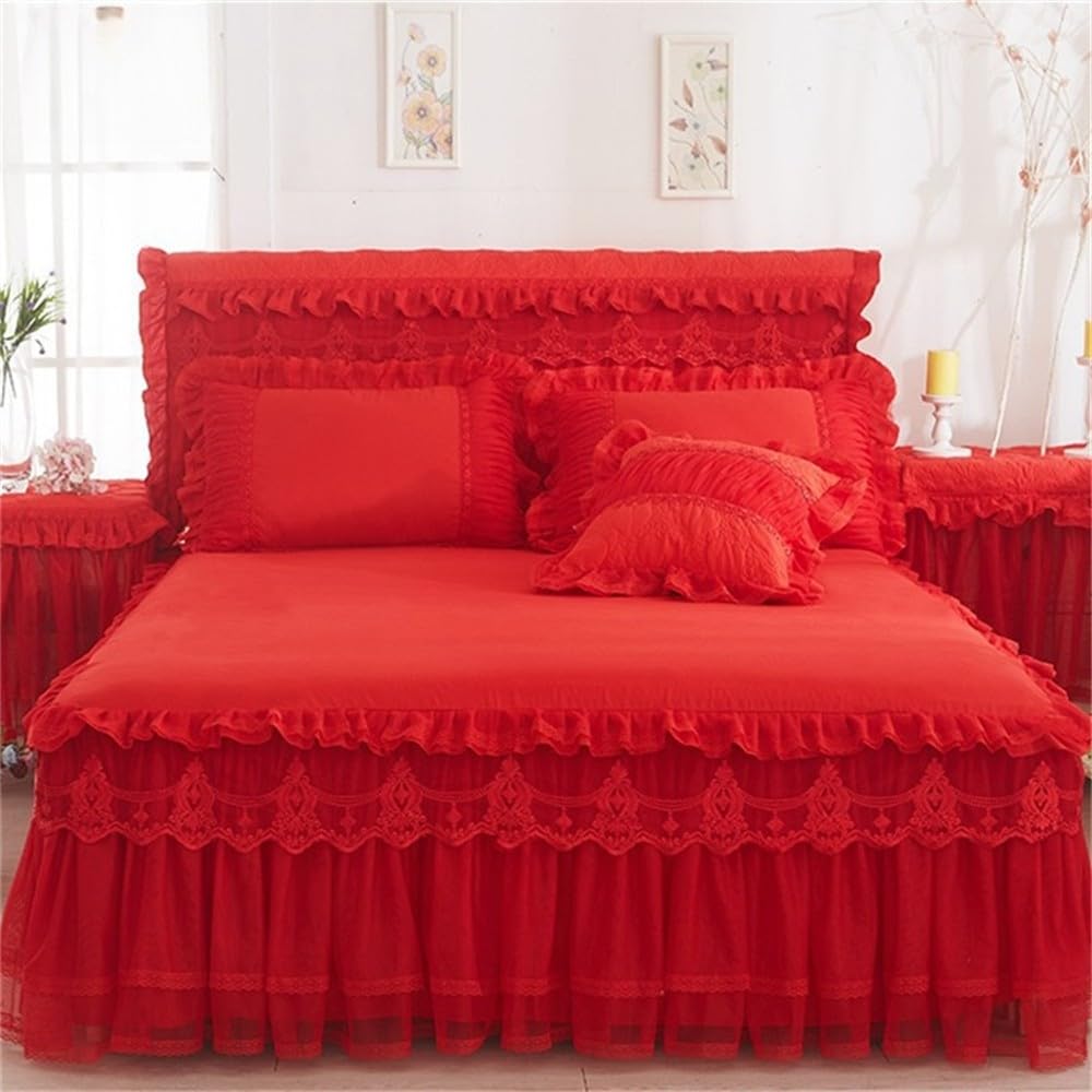 プリンセスベッドスカートセット ベッドスカート 枕カバー 寝具 ベッドスプレッド シーツ ピンク 女の子用寝具 ベッドカバー レッド 200x220cm
