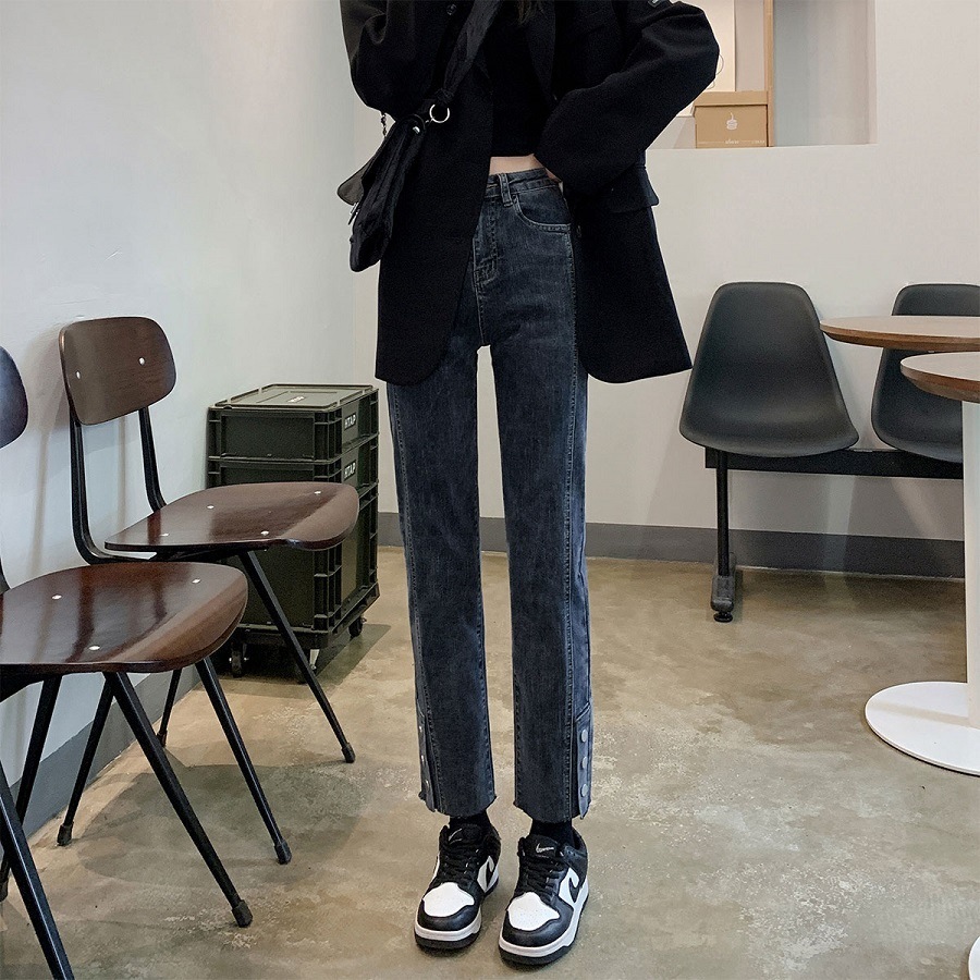 パンツ ヴィンテージ ストレートジーンズ スタイリッシュ ハイウエスト スリムフィット 9分丈パンツ ジッパー ポケット 裾ボタン レディース カジュアル 通勤 通学 着やすい おしゃれ