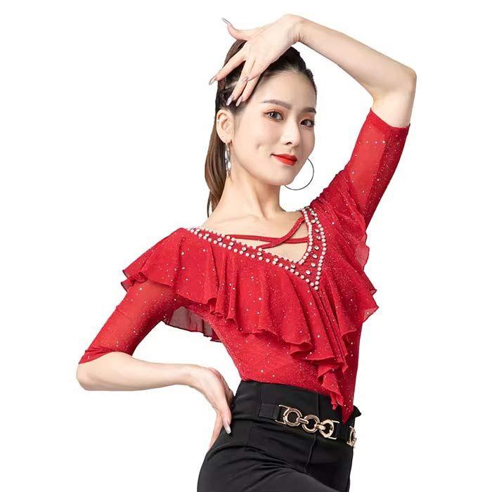 【急速出荷!】ラメ入り ダンストップス 社交ダンス 衣装 キラキラ 可愛いフリル 5分袖 ダンス トップス レッスンウェア モダン ダンスウェア 社交ダンス 衣装 舞台 ステージ衣30%までに制限
