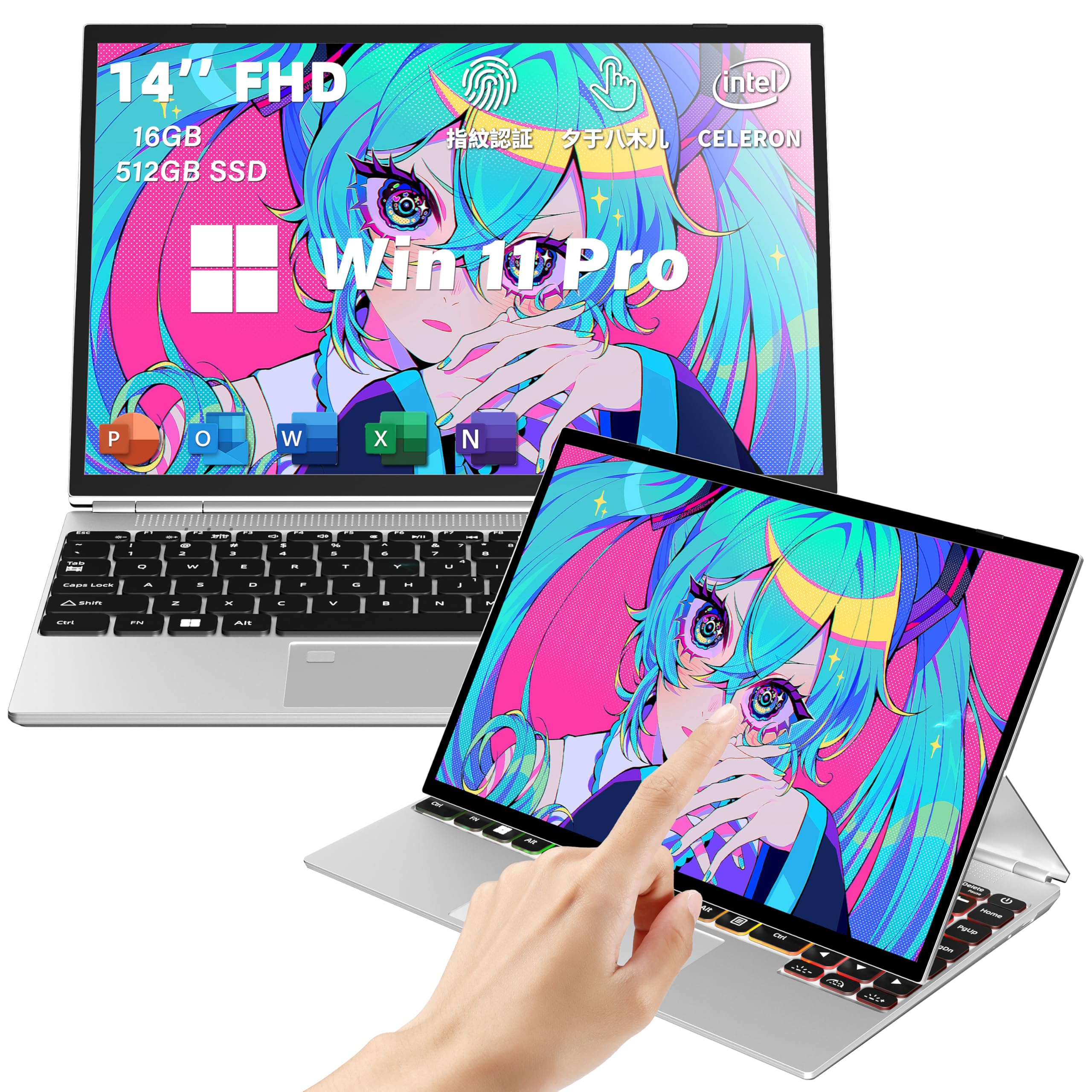 薄型軽量4in1 ノートパソコン タッチスク リーンPC【Win 11搭載】【MS Office 2019搭載】2in1Celeron N95 最大3.4GHz/14インチ 2K液晶IPS解像度 メモ