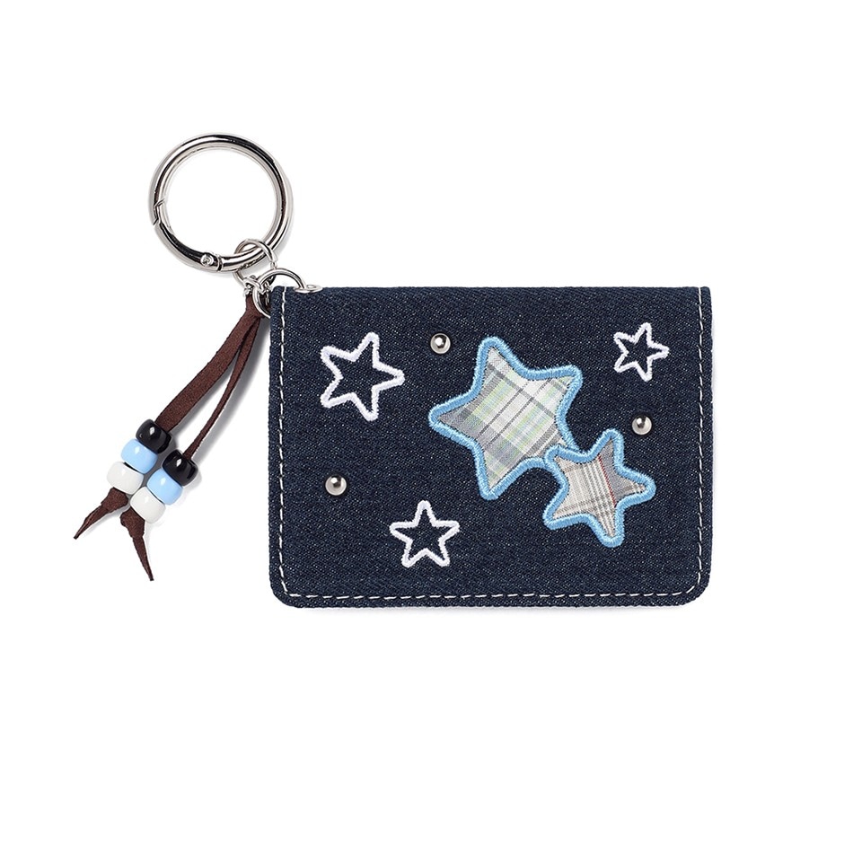 [CAVISH X LELBO BROWN] CHECK APPLIQUE DENIM WALLET チェック アップリケ デニム カードケース 財布