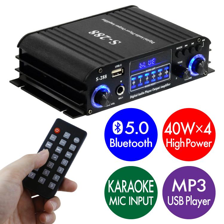 多機能4chオーディオアンプ 4×40W 汎用小型アンプ マイク入力可 カラオケ対応 MP3プレーヤー搭載 Bluetooth対応 Hi-Fiステレオサウンド LPS288