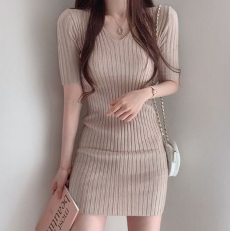 ワンピース デート かわいい 大人可愛い きれいめ シンプル カジュアル 大人 上品 おしゃれ ミニ丈 半袖 Vネック リブニットワンピ タイト グリーン ブルー ブラック ピンク アプリコット 韓国