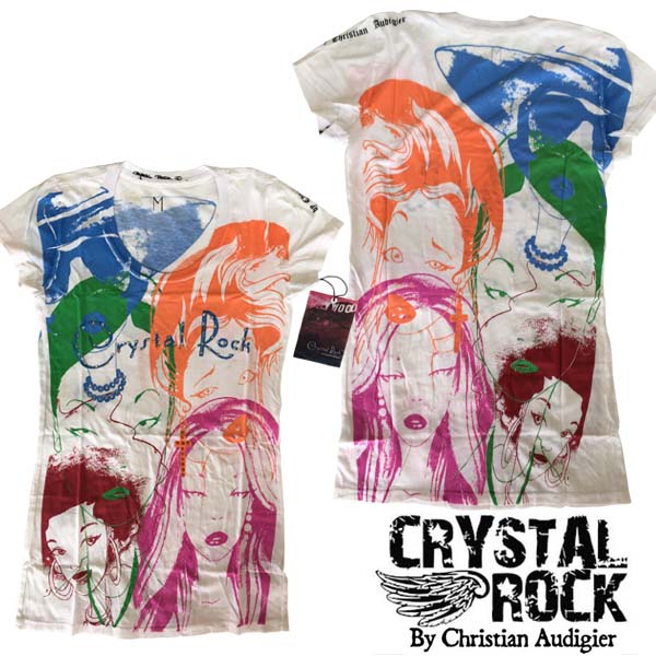 CRYSTAL ROCK クリスタルロック BY CHRISTIAN AUDIGIER クリスチャンオードジェー レディース チュニック Tシャツ ラインストーン GIRLS ホワイト ハリウッド L