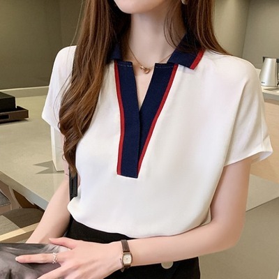 カットソー ポロシャツ レディース 半袖 襟付き Vネック レトロ かわいい 大人可愛い きれいめ シンプル カジュアル 無地 夏 ママ 学生 デート オルチャン 　ホワイト　ネイビー トップス