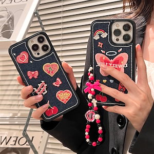 Y2kデニム刺繍愛蝶適用iphone15promaxアップル14携帯ケース13/12女性11