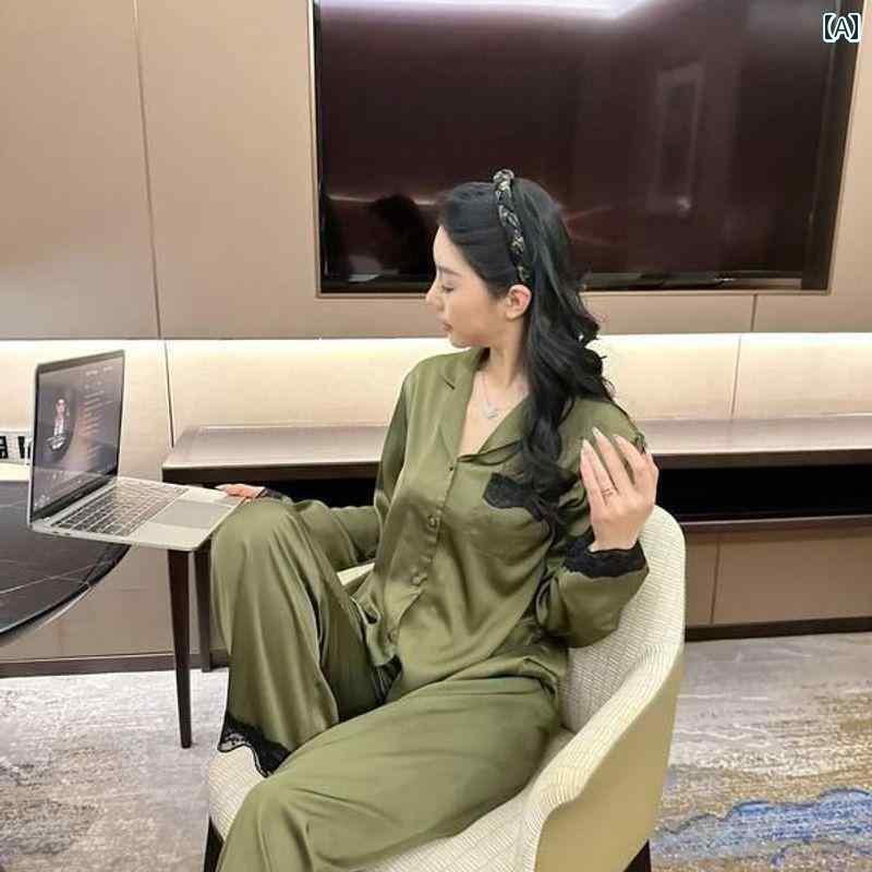 パジャマ　レディース　上下 春秋 レディース パジャマ 白 濃い 緑 シンプル レース 高級 2025 夏の 冷感 ホーム 服