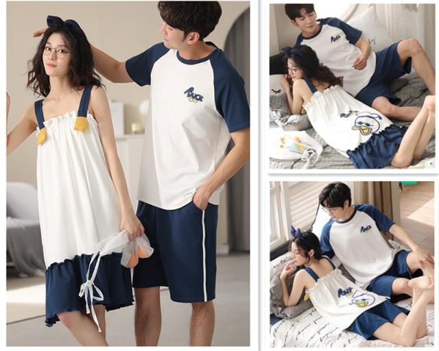 【ペア販売】2タイプ ディズニー ドナルドダックパジャマ 半袖　部屋着 セットアップ ルームウェア ナイトウェア ペアルック カップル　パジャマワンピース　快適　寝巻き　リラックスウェア　 可愛い